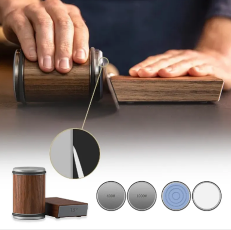 Angle-Guided Rolling Knife Sharpener sharpening a kitchen knife blade at the guided angle